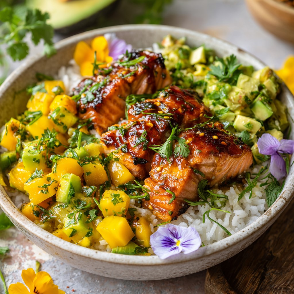 Chili Crisp Salmon Bowl Avocado Mango Salsa – Flavor-Packed Bowl